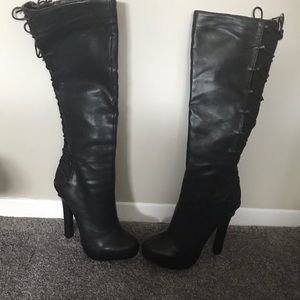 Black knee high sexy boots lace up back size 5